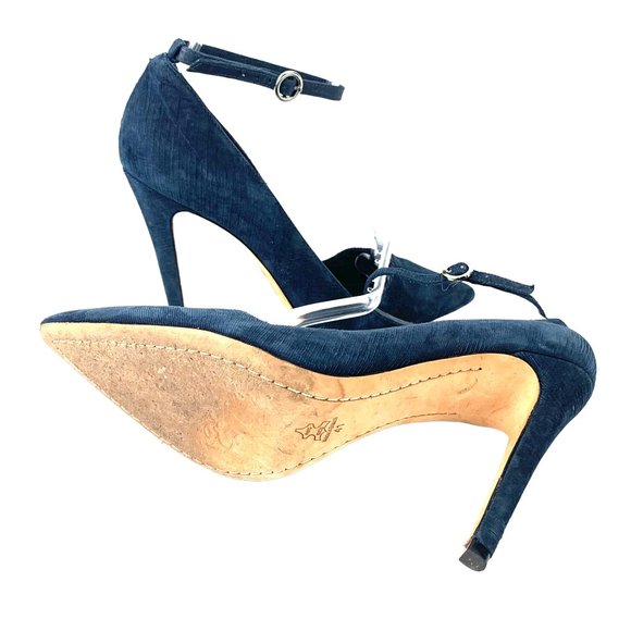 ALICE + OLIVIA Makayla Navy Blue Kid Suede Ankle Strap Stilettos - Picture 5 of 11